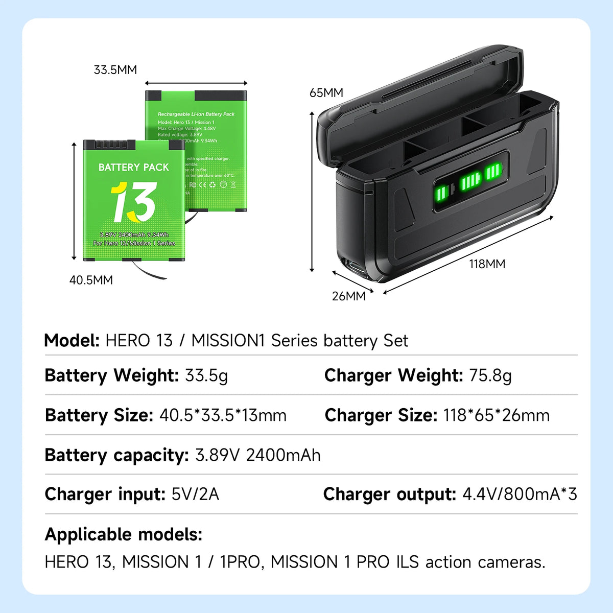 PALO 2400mAh For GoPro Hero 13 Camera Battery + 3 Slots Storage Box Charger For GoPro Mission 1 Series Sport Camera Accessories