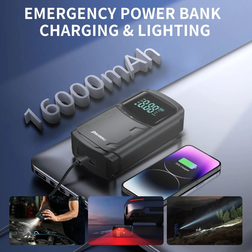 Car Jump Starter with Air Compressor Peak 5000A Auto Battery Booster 150PSI Air Pump Portable Power Bank Tire Inflator Lighting