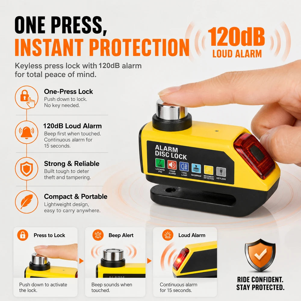 Motorcycle Alarm Disc Brake Lock 120dB Loud Anti Theft Alarma Security Moto Wheel Disk Padlock Waterproof Motorcycle Disc Lock