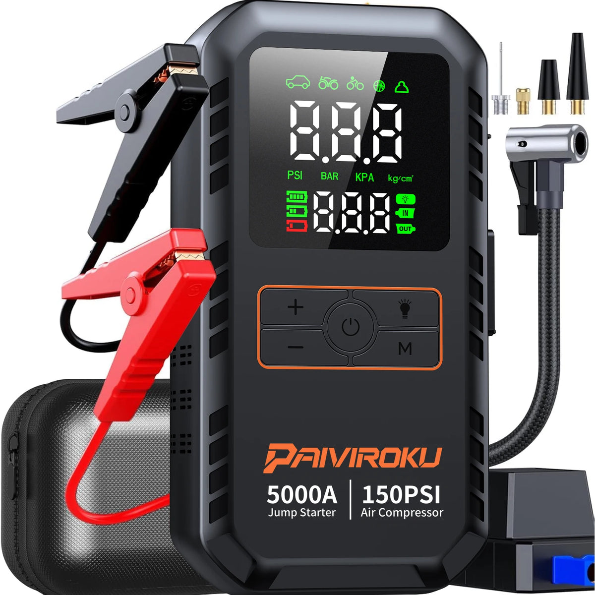 PAIVIROKU Car Jump Starter Air Compressor with Power Bank Portable Electric Pump Battery Booster 12V Jump Box with Flashlight