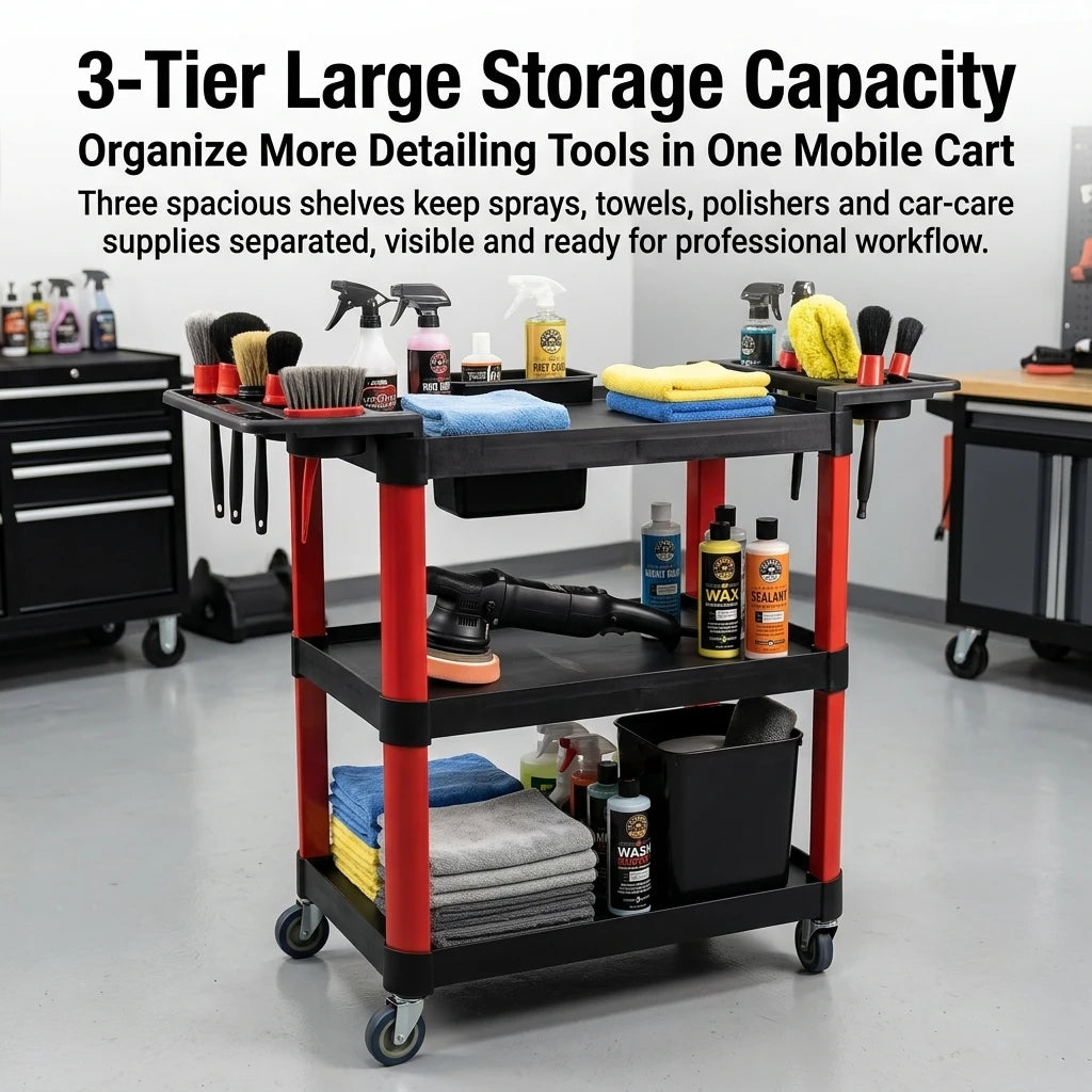 3 Tier Rolling Tool Storage Cart Multi Purpose Mobile Utility Organizer Trolley with Side Bottle Holders Detachable Bucket 360° Swivel Wheels for Car Detailing Garage Workshop Salon Use
