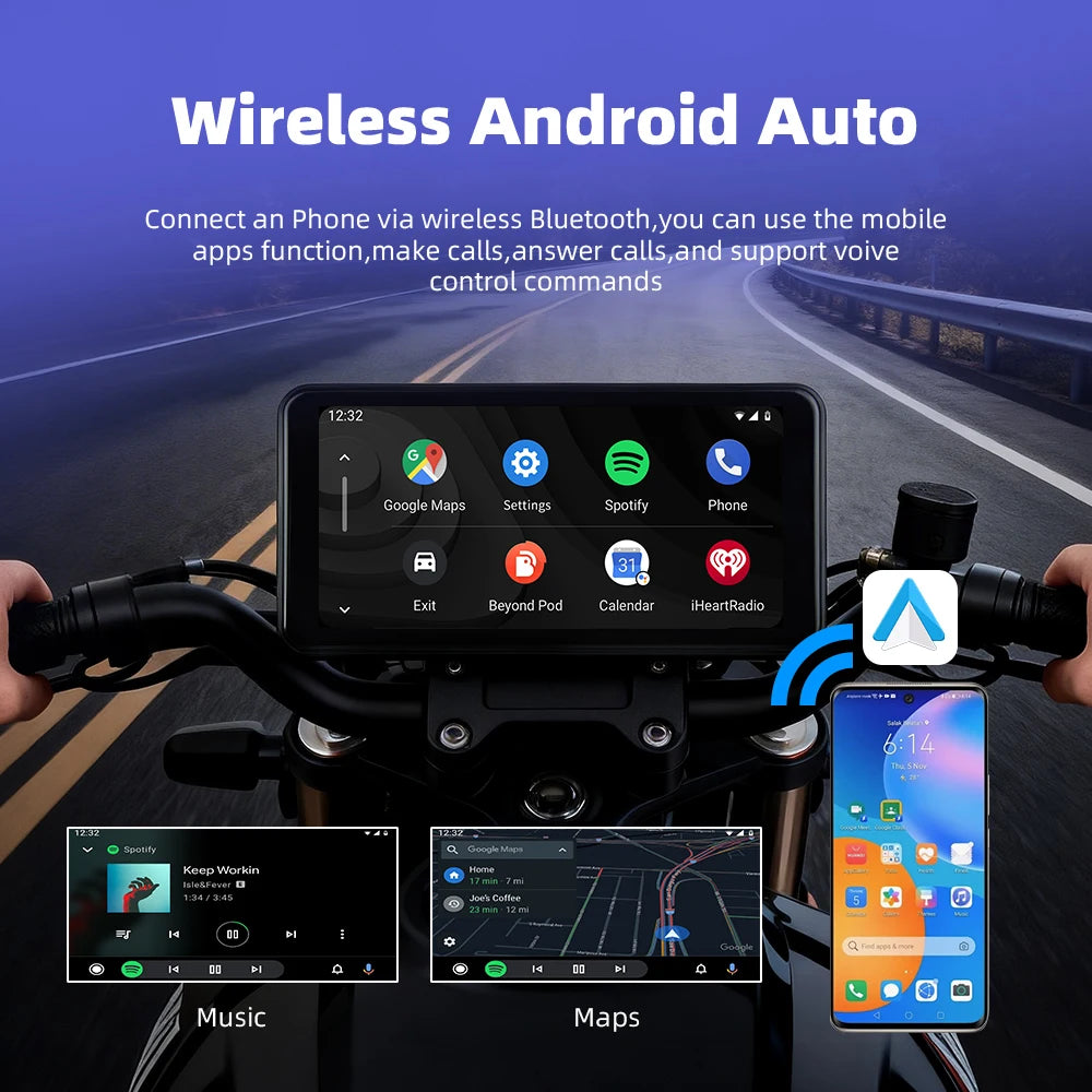 EKIY 6.25" Wireless CarPlay Moto Android Auto Portable Digital Motorcycle Dashboard GPS Navigation Display Screen TPMS Monitor