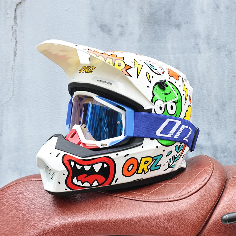 ORZ-903-Unisex All Weather Motocross Helmet with Goggles, Reinforced ABS DOT Standard Ventilated Off Road Safety Helmet