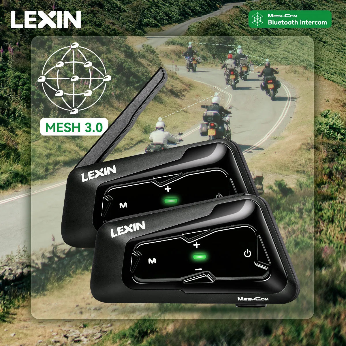 Lexin MeshCom MESH & Bluetooth Intercom for Motorcycle Helmet Headset, Mesh Intercom up to 24 People Within 2 km Range
