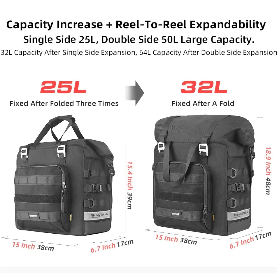 Rhinowalk Motorcycle Saddle Bag Expandable 25-32L Quick Release 3D Cube Motorbike Side Pannier Bag Waterproof Motor Storage Pack