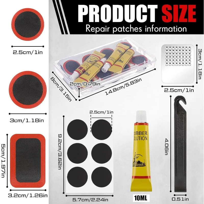Bike Tire Repair Kit with Vulcanizing Patches, Pre Glued Patches Vulcanizing Fluid, Metal Rasp for Cycling Motorcycle Bicycle
