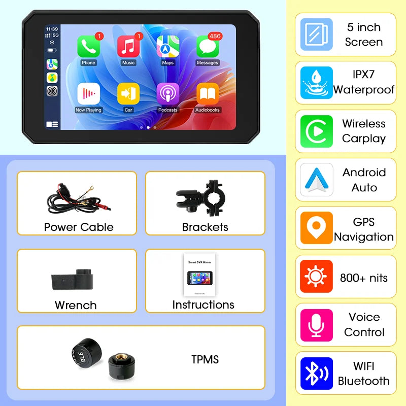 Dual Screen Bluetooth Motorcycle Navigation GPS Display IP67 Waterproof Carplay with Helmet Intercom Support Moto Accessories