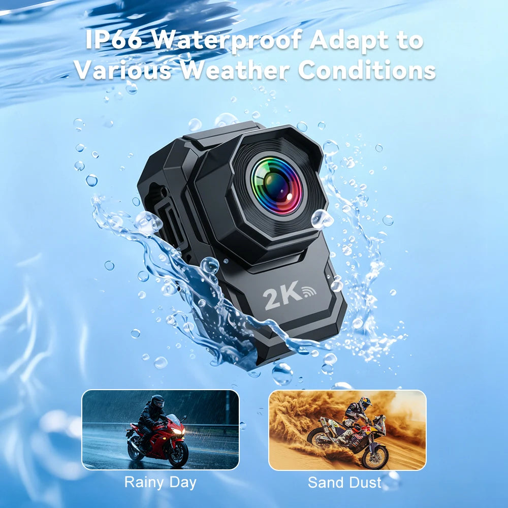 2K HD Motorcycle Dash Cam Built-in WiFi IP66 Waterproof Shockproof Professional Riding Safety Recorder Outdoor Black Box