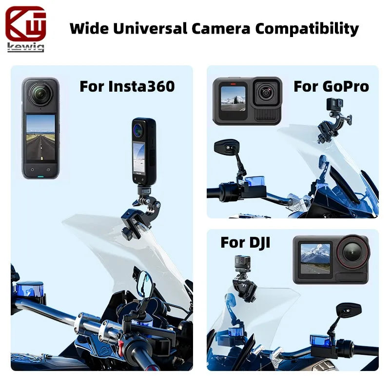 Kewig X2 Motorcycle Windshield Camera Mount Anti-Slip 180° Rotatable Aluminum Alloy Holder for GoPro DJI Insta360 Action Camera