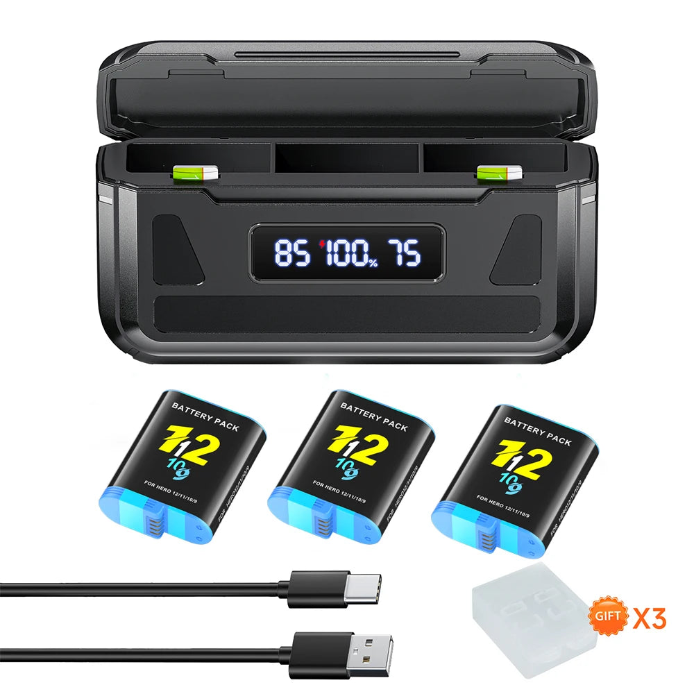 2000mAh for GoPro Hero 12 11 10 9 Battery  + 3-Slot LCD USB Fast Charger for Go Pro 10 9 Black Camera Bateria for Go Pro 12 10 9