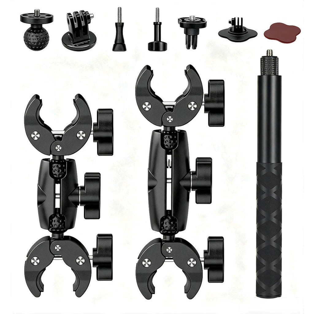 Dual‑Head Super Clamp Motorcycle Mount Selfie Stick Kit for Insta360 X5 X4 X3 X2 GoPro DJI Action Sports Camera Riding Bracket