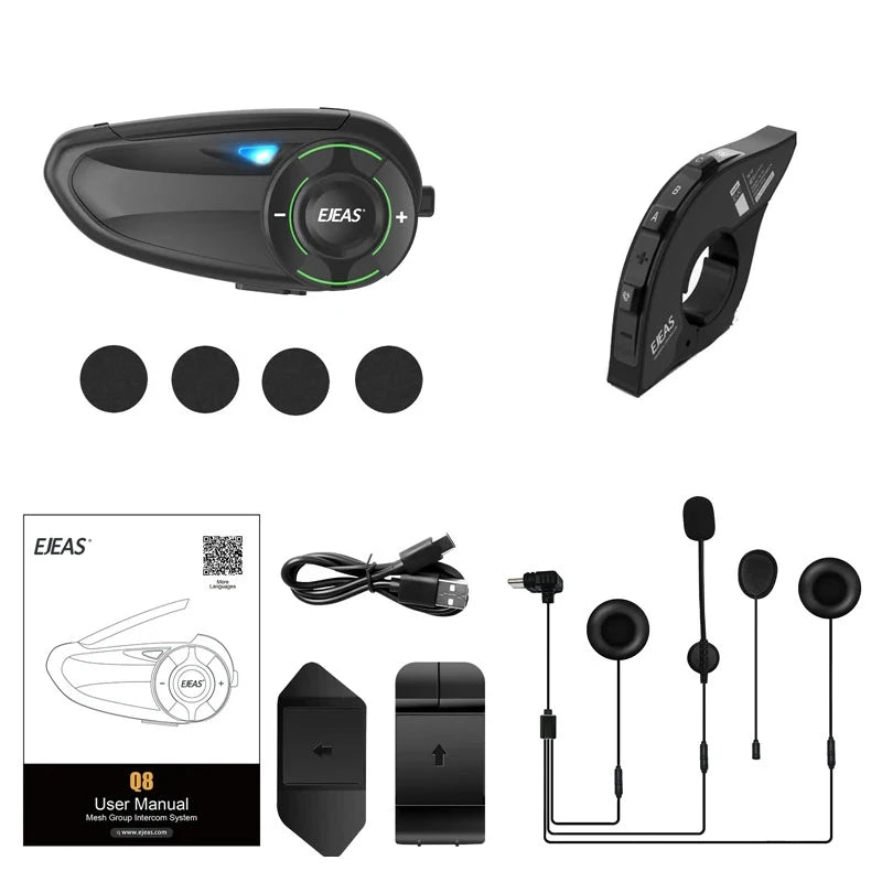 EJEAS Q8 Motorcycle Mesh Intercom with EUC Remote Walkie Talkie Bluetooth Interphone Headset for 6 Riders with Bluetooth 5.1