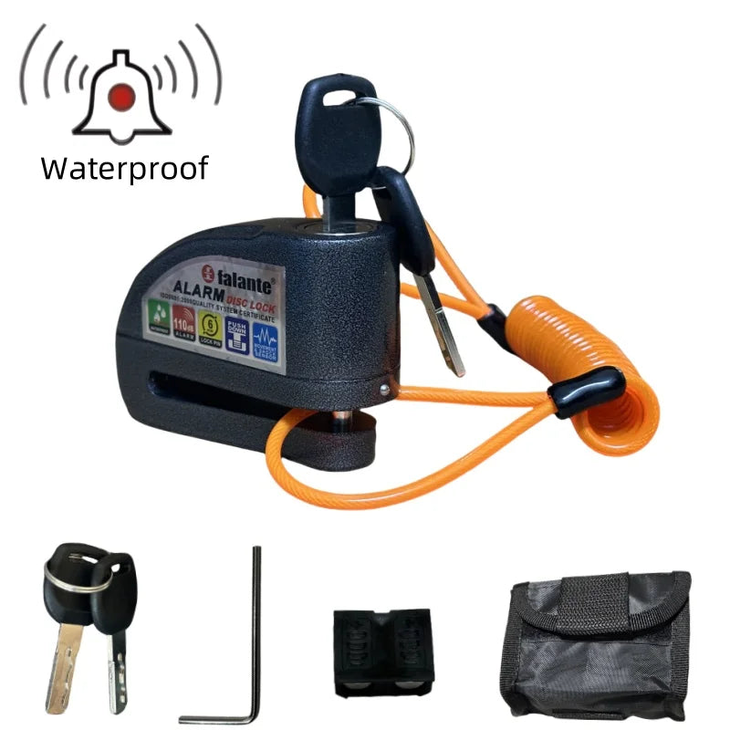 Motorcycle Bicycle Lock Alarm Safety Protection Padlock Disc Aluminum Alloy Anti-Theft Reminder Rope Lock Bag +Spare battery