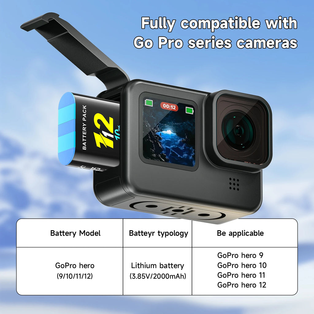 2000mAh for GoPro Hero 12 11 10 9 Battery  + 3-Slot LCD USB Fast Charger for Go Pro 10 9 Black Camera Bateria for Go Pro 12 10 9