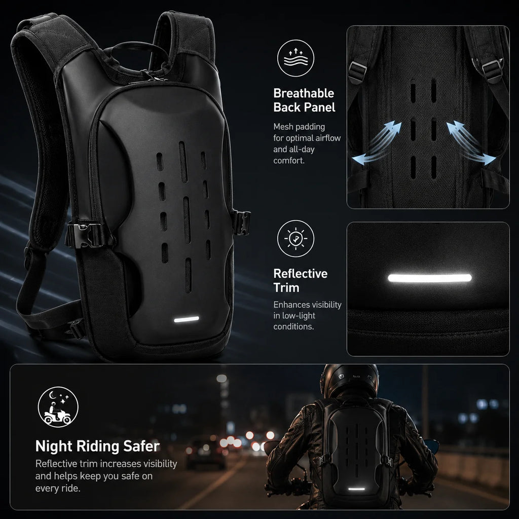 ALBERS Motorcycle Backpack Reflective Hydration Pack Large Capacity Water Resistant Outdoor Touring Rear Seat Bag Black