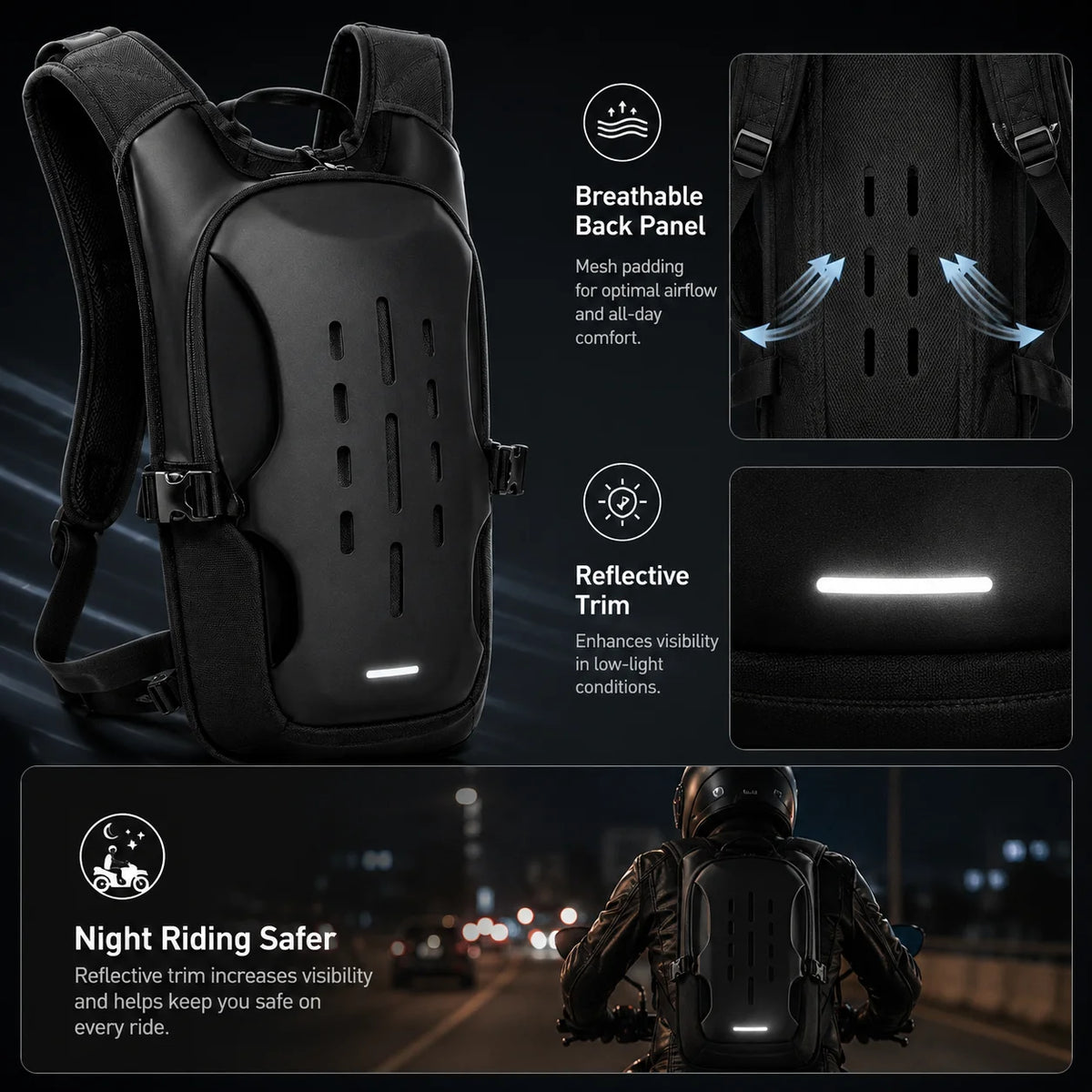 ALBERS Motorcycle Backpack Reflective Hydration Pack Large Capacity Water Resistant Outdoor Touring Rear Seat Bag Black