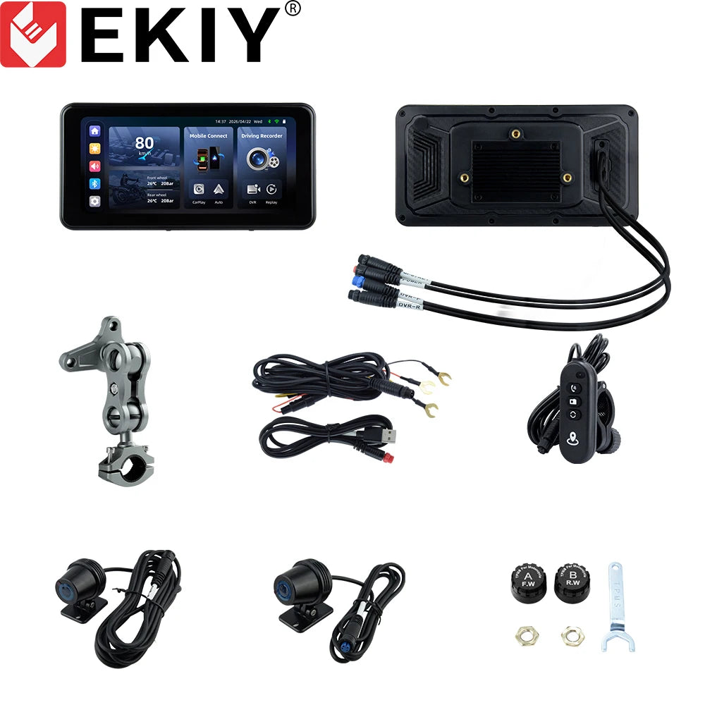 EKIY 6.25" Wireless CarPlay Moto Android Auto Portable Digital Motorcycle Dashboard GPS Navigation Display Screen TPMS Monitor