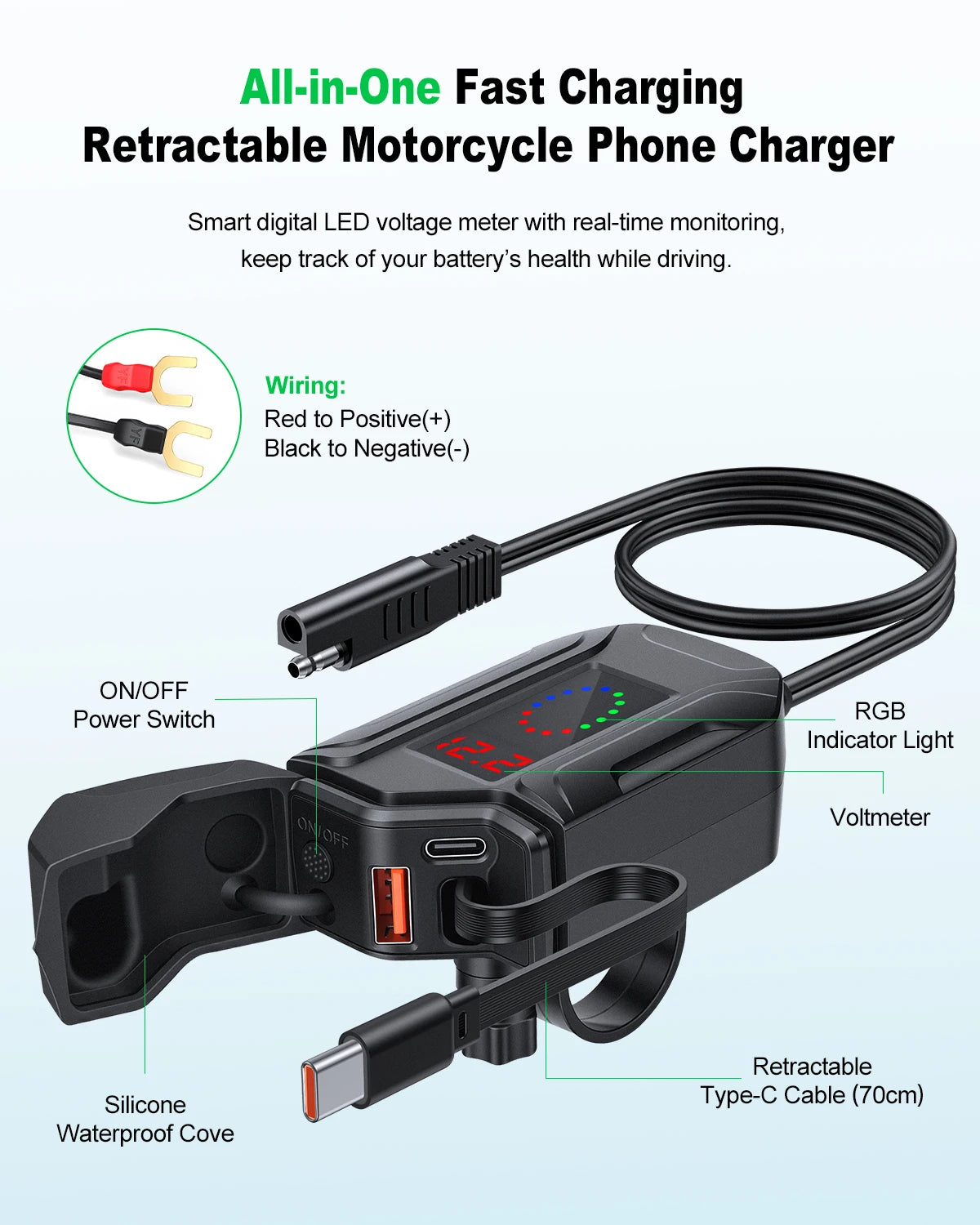 USB Type-C PD Fast Charger Waterproof Motorcycle Phone Charger Handlebar Mount Quick Charger Adapter with Voltmeter