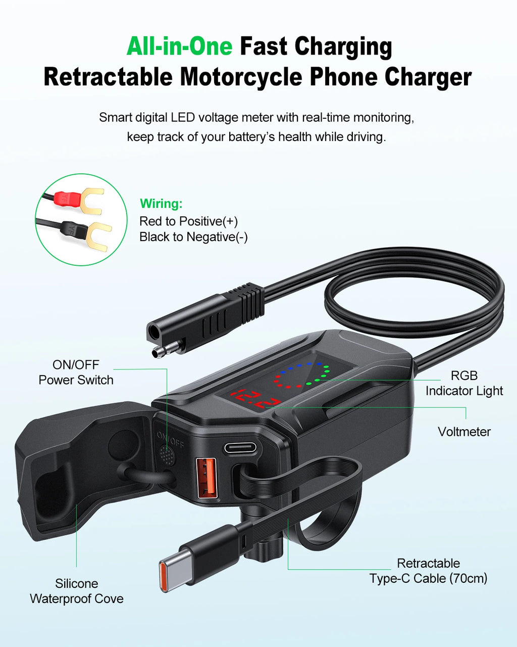 USB Type-C PD Fast Charger Waterproof Motorcycle Phone Charger Handlebar Mount Quick Charger Adapter with Voltmeter