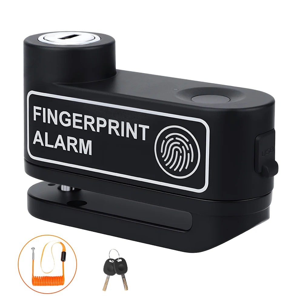 Disc Brake Lock 120dB Fingerprint Motocycle Alarm with Keys Anti-theft Lock Rechargeable Motorbike Accessories