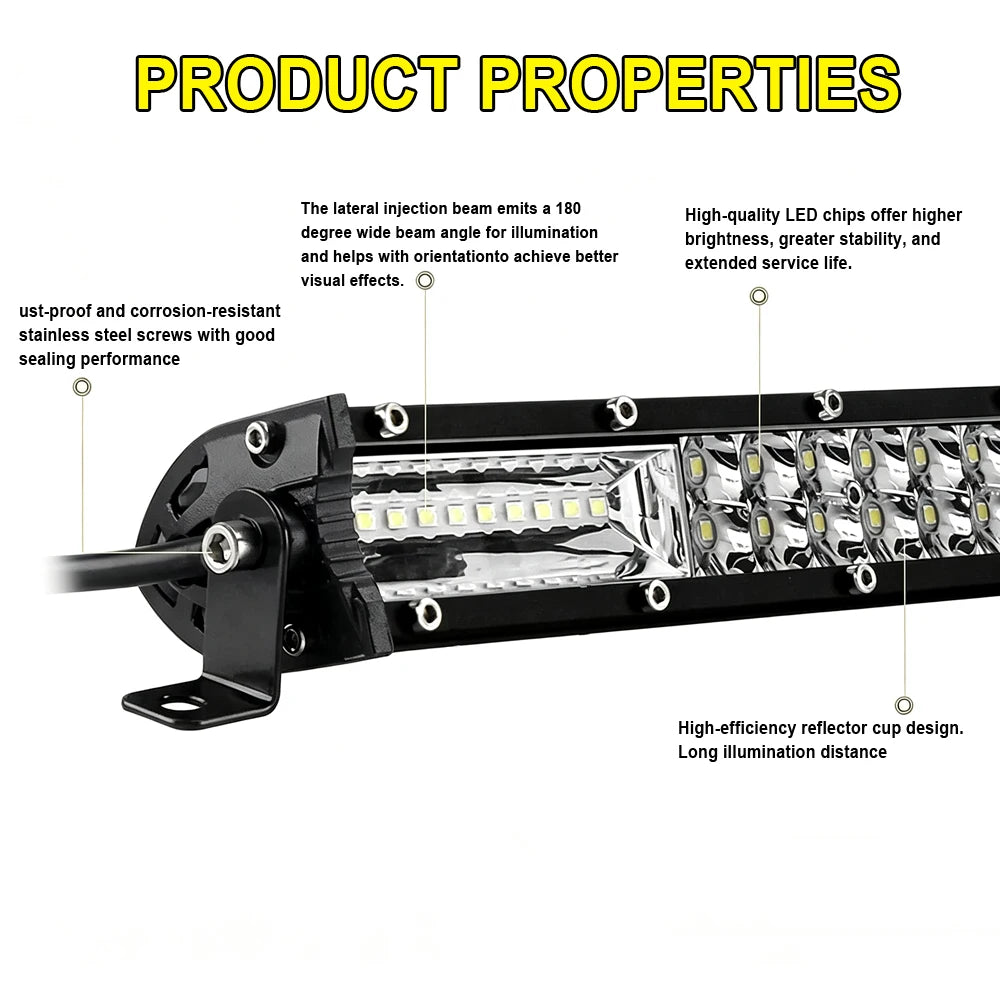 15-inch LED light bar, bright light, comes with multiple LED bulbs and a mounting bracket, black finish, mainly used for off-road vehicles, trucks, ATVs, UTVs, boats, and tractors
