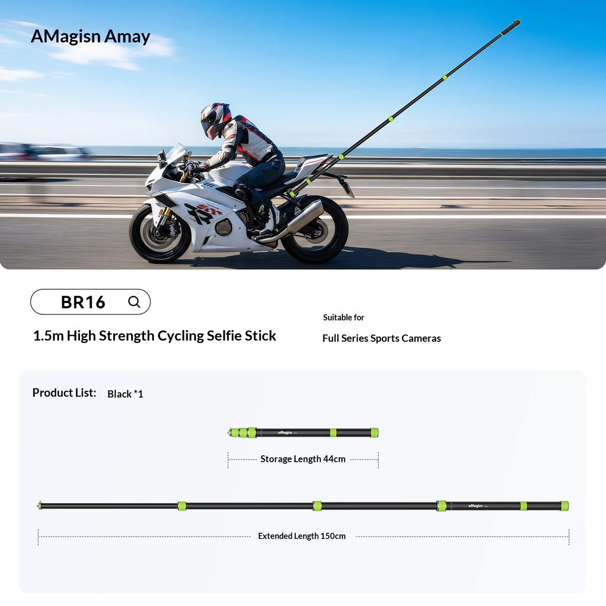 AMagisn Motorcycle Selfie Stick 110cm 150cm Telescopic Extension Pole for GoPro Insta360 DJI Action Camera Cycling Mount