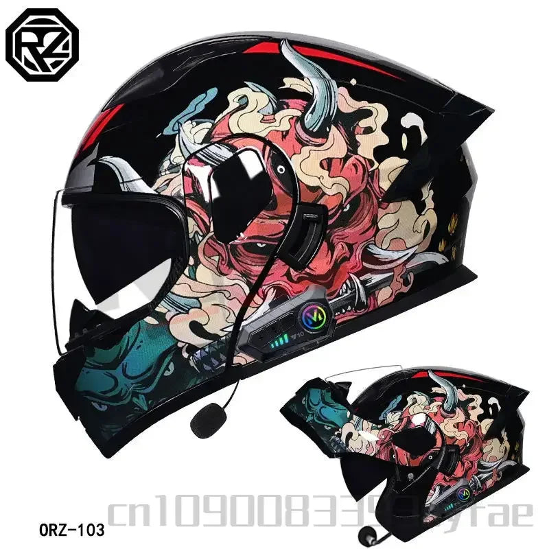 ORZ Motorcycle Dual-Lens Helmet for Men Women Bluetooth Full Helmet All Seasons Flip Helmet with Tail Wing DOT Certification