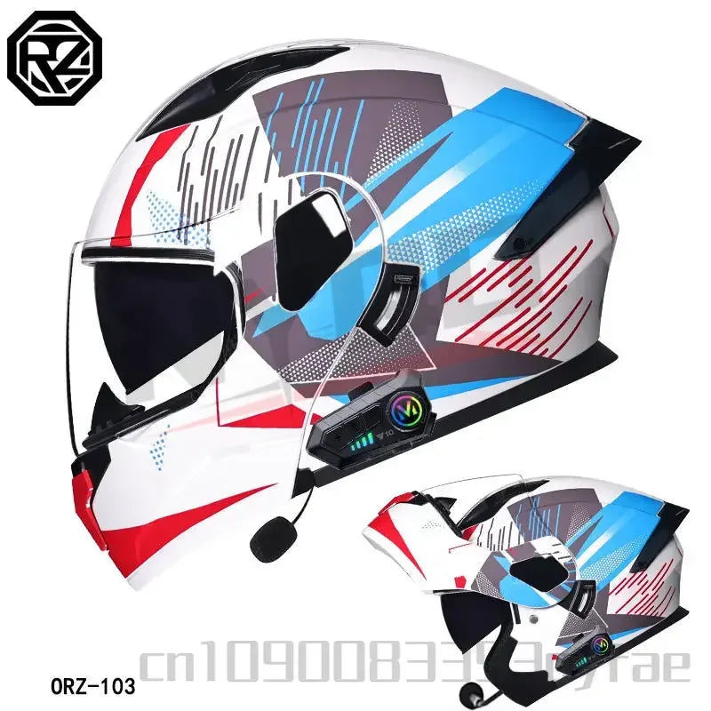 ORZ Motorcycle Dual-Lens Helmet for Men Women Bluetooth Full Helmet All Seasons Flip Helmet with Tail Wing DOT Certification