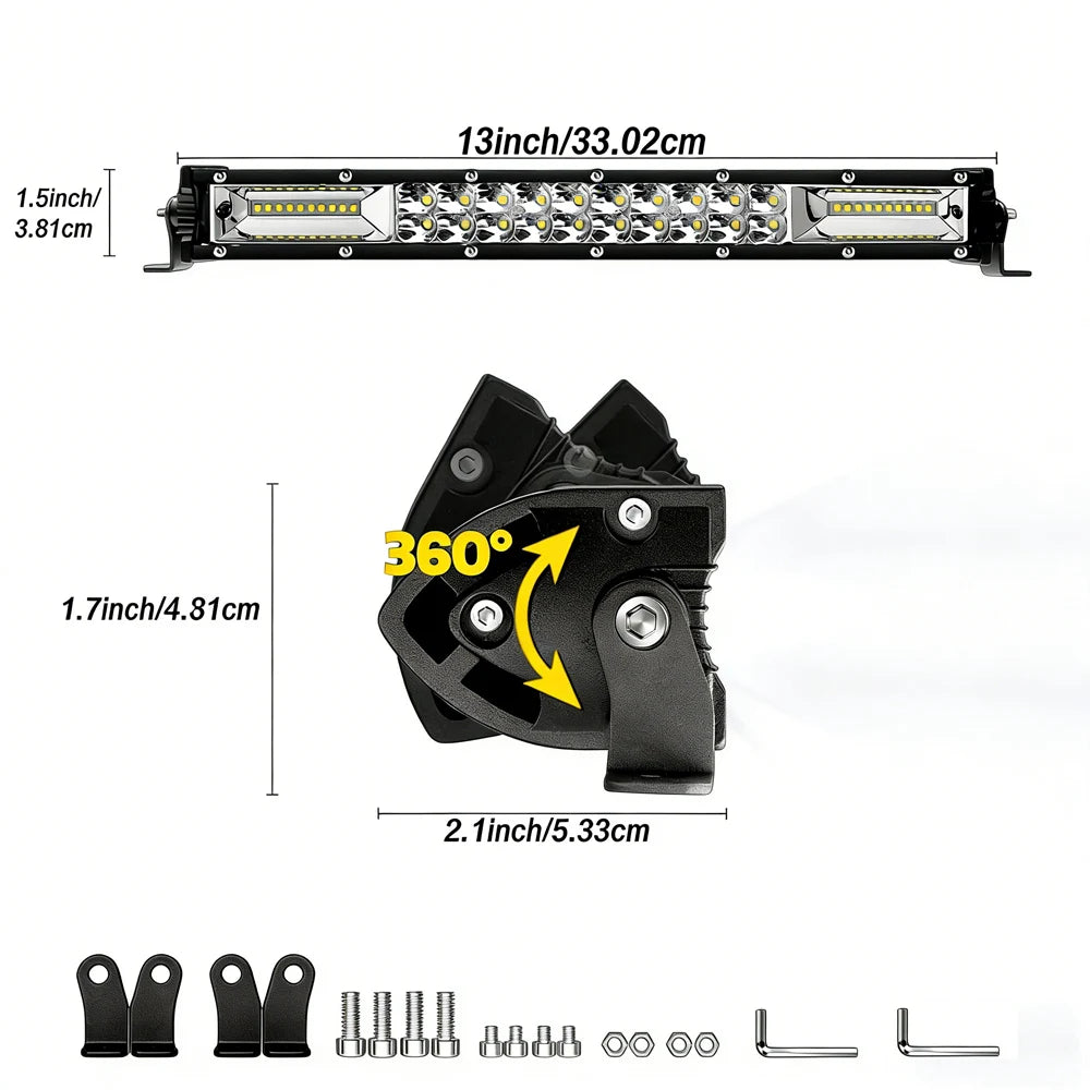 15-inch LED light bar, bright light, comes with multiple LED bulbs and a mounting bracket, black finish, mainly used for off-road vehicles, trucks, ATVs, UTVs, boats, and tractors