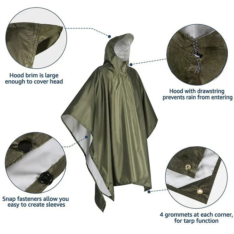3-in-1 Outdoor Military Raincoat with Hood Waterproof Sleeve Rain Poncho Motorcycle Cover Camping Hiking Travel Rainwear Tent