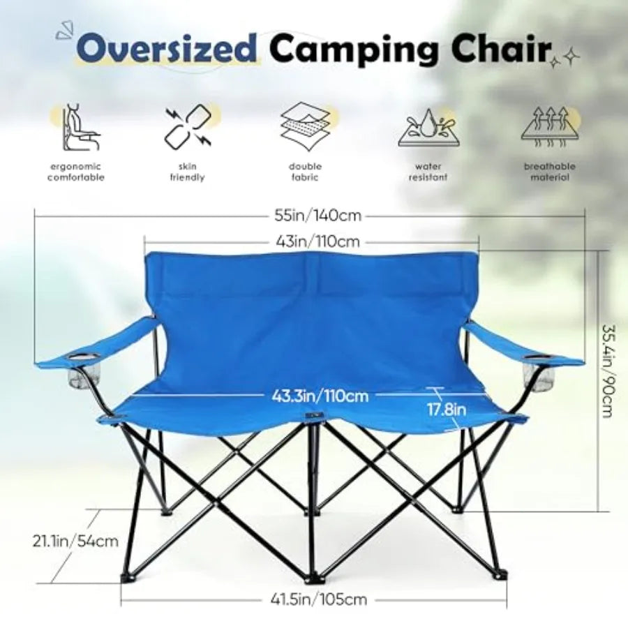 Folding Camping Chair, Double Seat Foldable Camp Chair for 2 Persons, Portable and Large for Outdoor Fishing, Hiking, Travel, P