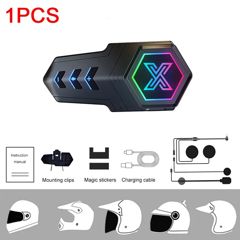 X20 Moto Helmet Bluetooth Headset, Bluetooth 5.3 Stereo Sound, RGB LED Light, IPX6 Waterproof Dustproof for Motorcycle Riding