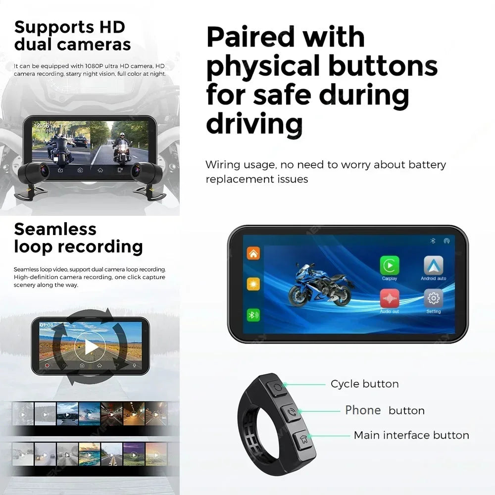 NaviFly 6.25" Motorcycle Wireless CarPlay Moto Android Auto Portable Digital Dashboard Navigation Display Optional DVR TPMS