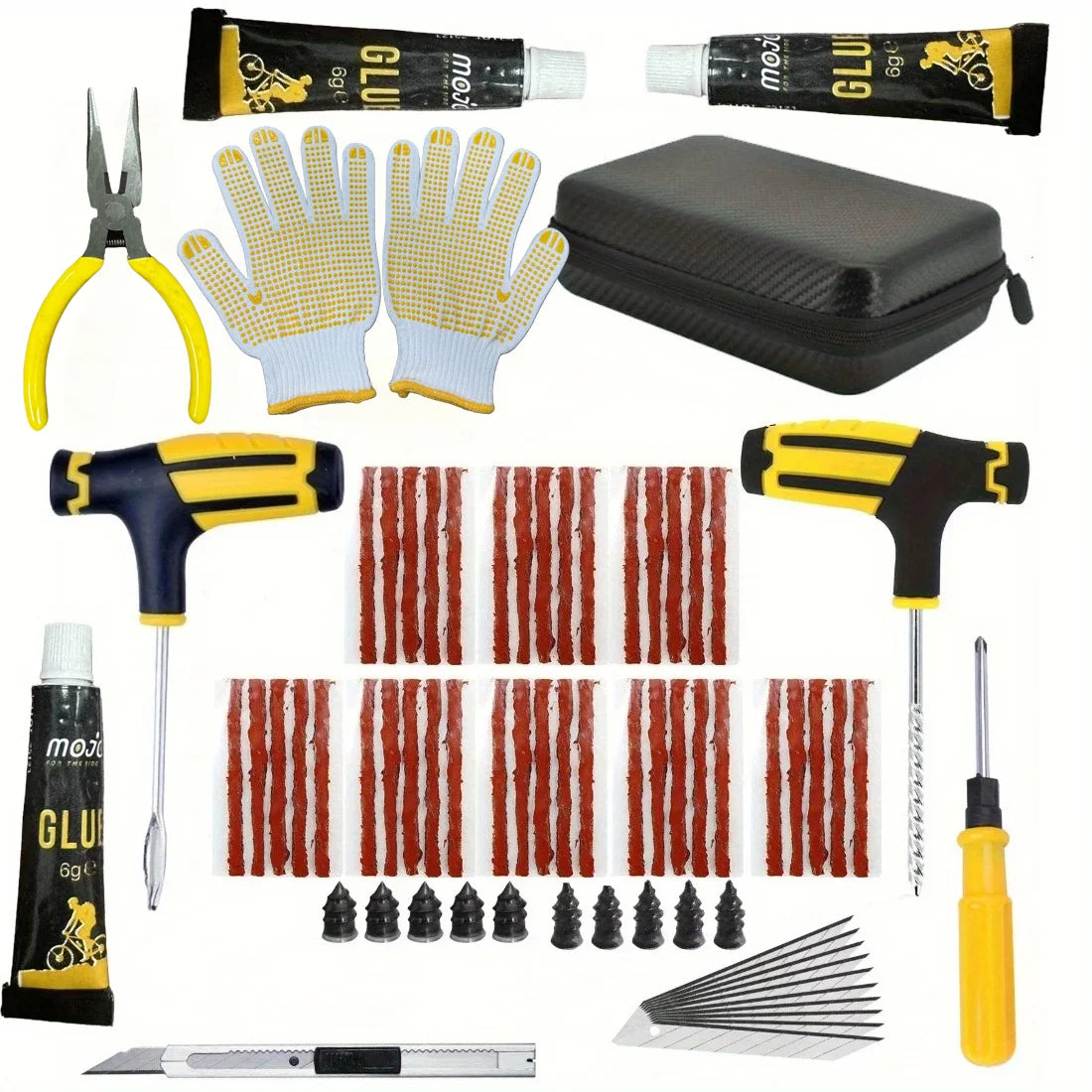 Portable Car Tire Puncture Repair Kit T-Handle Tools Glue Strips Universal for Truck Motorcycle RV Roadside Safety