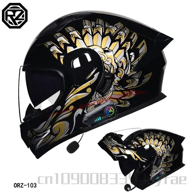 ORZ Motorcycle Dual-Lens Helmet for Men Women Bluetooth Full Helmet All Seasons Flip Helmet with Tail Wing DOT Certification