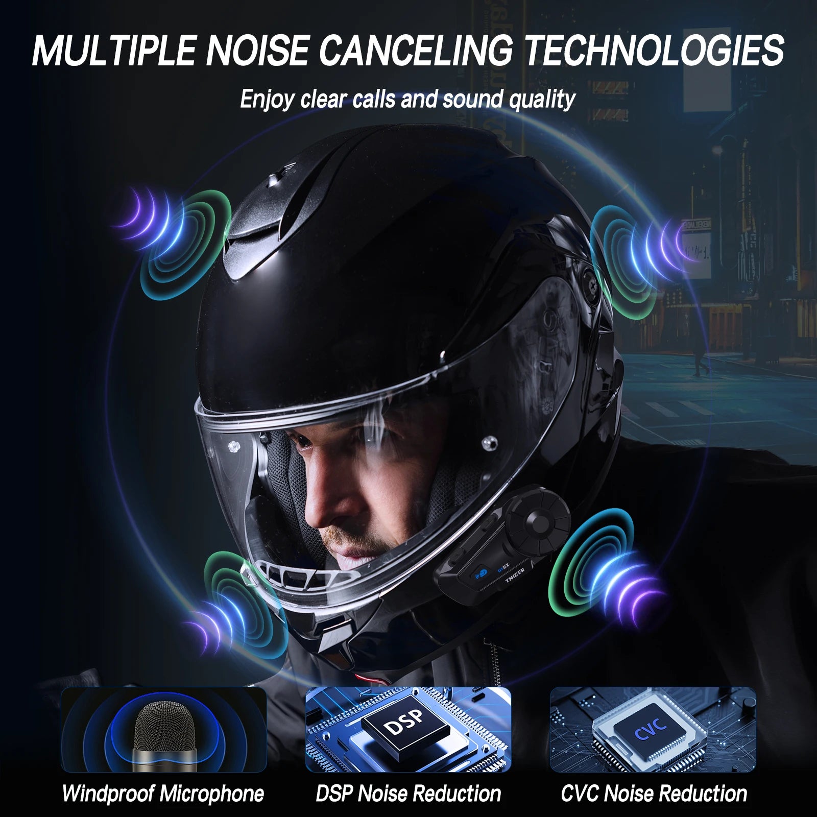 TNICER G1EX 2-6 Riders Motorcycle Helmet Communicator Bluetooth 5.2 IPX65 Waterproof FM Radio Intercom.