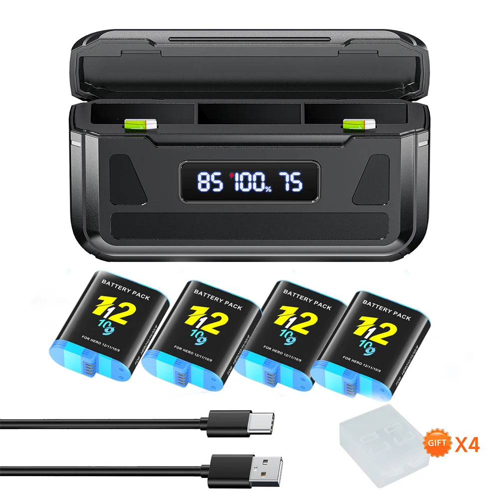 2000mAh for GoPro Hero 12 11 10 9 Battery  + 3-Slot LCD USB Fast Charger for Go Pro 10 9 Black Camera Bateria for Go Pro 12 10 9