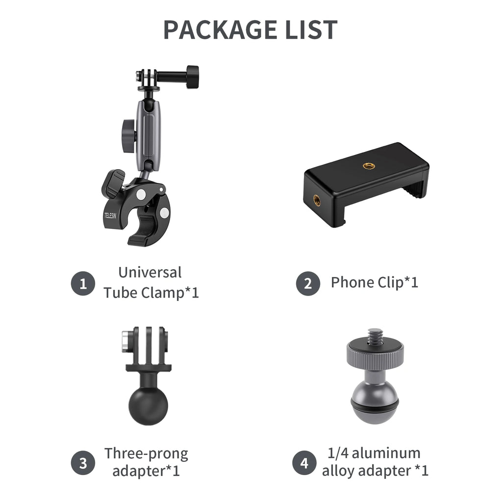 TELESIN Cycling Motorcycle Clip Magic Arm 360° Aluminum Alloy Super Clamp 1/4" Hole For Camera GoPro Mobile Phone Action Camera