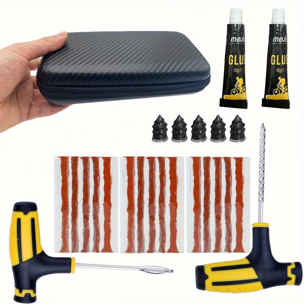 Portable Car Tire Puncture Repair Kit T-Handle Tools Glue Strips Universal for Truck Motorcycle RV Roadside Safety
